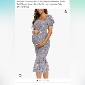 Maternity Floral Midi Bodycon Dress, Short Puff Sleeve Square Neck Ruffle Hem